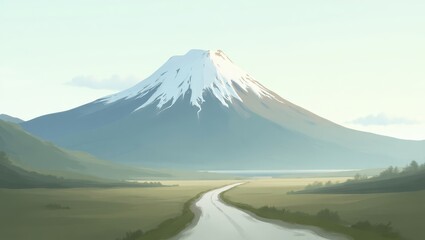 Serene Landscape Majestic Snow Capped Mountain and Winding Road