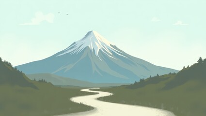 Fototapeta premium Serene Mountain Landscape Winding River Path Leading to Majestic Snow Capped Peak