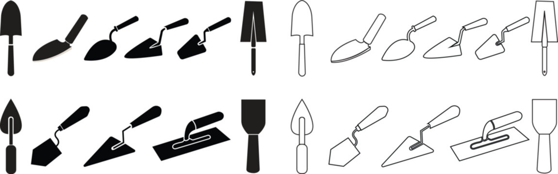 Trowel icons set in black flat and outline designs. Putty knife illustration sign. Spatula symbols or logo. Construction equipment, brick tool and cement silhouette isolated on transparent background.