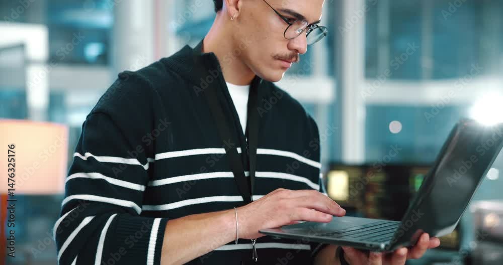 Poster Laptop, business man and coding in office for software development, network or database update. Online, programming and backend developer with computer for design, creative website and test project