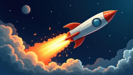 Fototapeta premium Retro Rocket Launching Through Night Sky Space Exploration Starry Background Cosmic Clouds