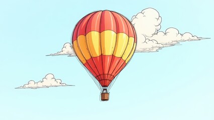 Vibrant Red and Yellow Hot Air Balloon Soaring Through a Clear Blue Sky with Fluffy Clouds