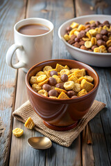 Bowl of cereals beside a cup of hot chocolate
