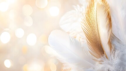 Delicate white feathers with golden accents against a soft, blurred background.