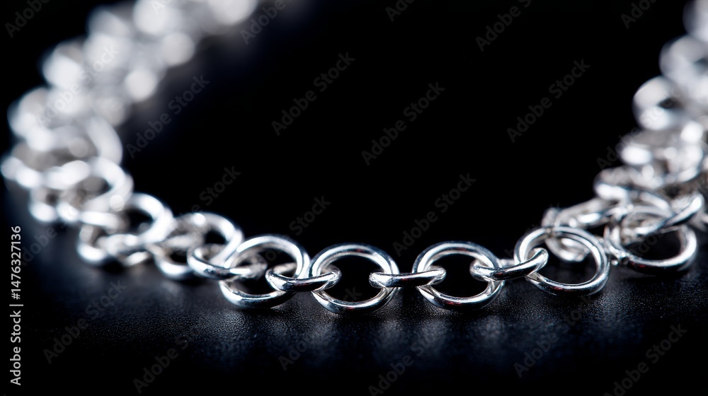 Fototapete High-angle perspective showcases repeating silver chain links against a matte black surface, embodying themes of strength and continuity for design applications