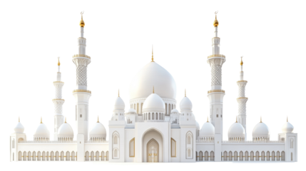 Magnificent white mosque architectural design, featuring intricate minarets and domes on transparent background