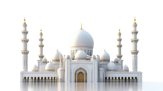 Magnificent Sheikh Zayed Grand Mosque facade with its brilliant white architecture isolated on transparent background