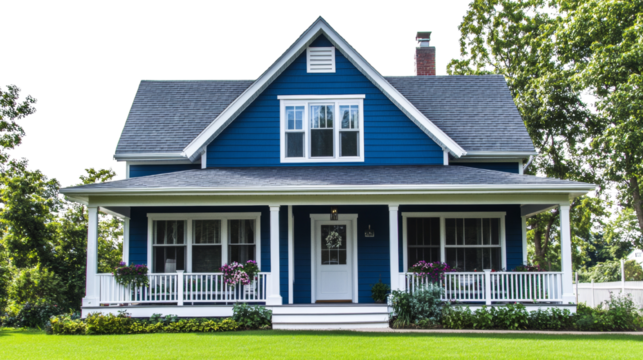 Charming blue house with gabled roof and inviting porch on a picturesque lawn