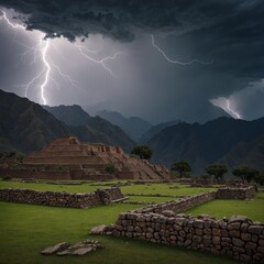 "A dramatic thunderstorm rolls over the Andes mountains, with lightning illuminating ancient Incan ruins."
