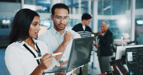 Coding team, laptop and people talking in office for help, web development and brainstorming. Collaboration, planning and programmer with idea for software project, database or solution in business