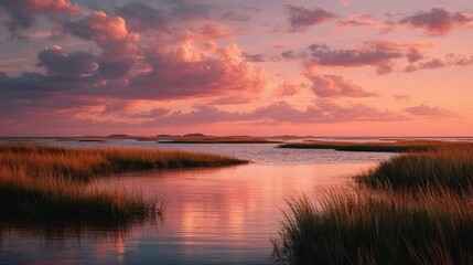 Obraz premium Tranquil Marshland Dusk with Sunset Reflections/夕暮れの静かな湿地：夕日反射2