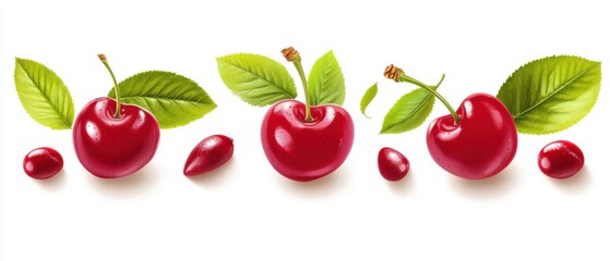 Fresh Cherries with Leaves on White Background Studio Shot Close Up Isolated Still Life for Food Photography