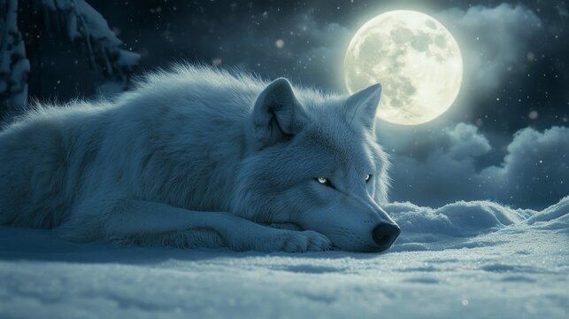 White Wolf Resting in Snowy Moonlight