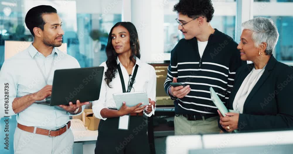 Aufkleber Programmer, group and business people with tablet for planning in office, help or web development. Team discussion, coding and tech for software project, creative idea or problem solving in meeting