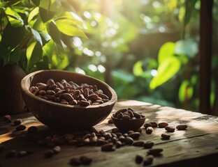 Cocoa beans in a rustic bowl, bathed in sunlight