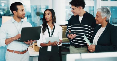 Programmer, group and business people with tablet for planning in office, help or web development. Team discussion, coding and tech for software project, creative idea or problem solving in meeting