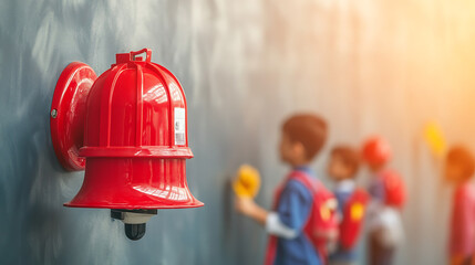 Red fire bell with kids learning safety.
