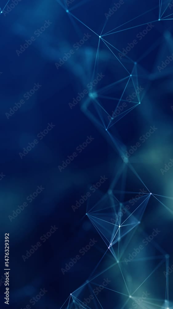 Wall mural vertical abstract tech background in blue featuring network nodes and polygonal connections, ideal f