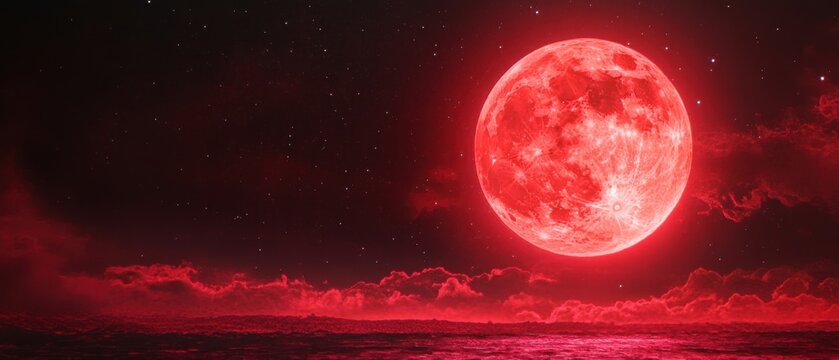 Dramatic Red Moon Rising Over Ocean at Night with Stars and Clouds Fantasy Landscape View