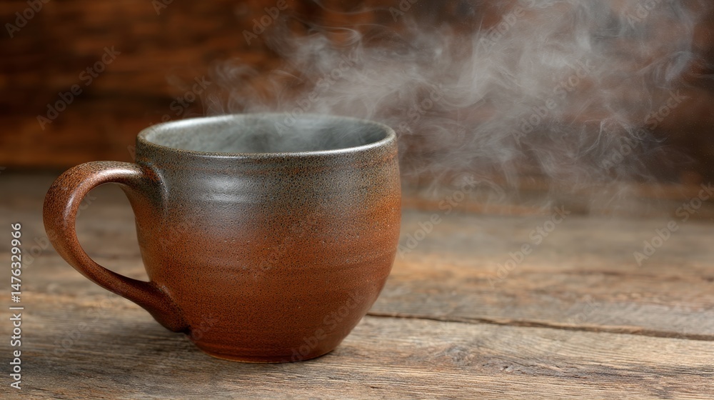 Poster a close-up shot of a rustic clay mug releasing swirling steam, resting on a weathered wooden table, 