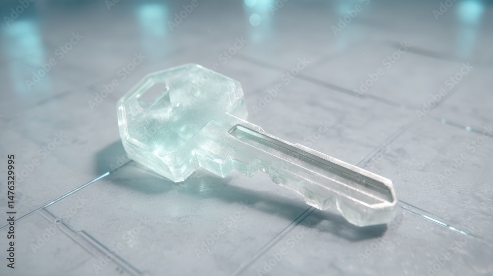 Fototapete A translucent key icon emits a soft cyan glow, set against a digital grid that symbolizes cybersecurity and the importance of access control today