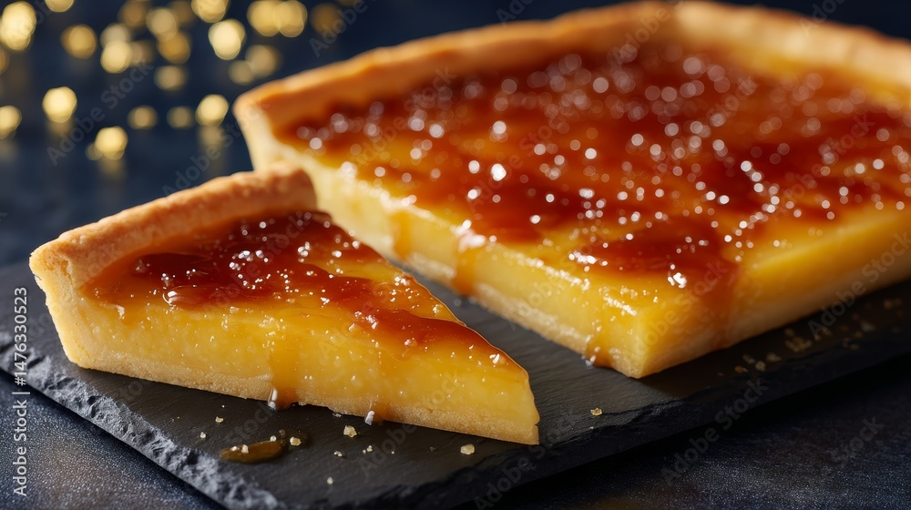 Poster a velvety slice of caramel tart is elegantly displayed on a slate plate, glistening with toffee sauc