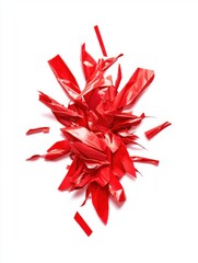 Abstract explosion of red metallic paper on white background overhead studio shot for graphic design element or art project