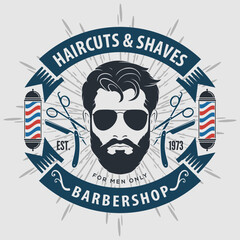 	
Barbershop logo, poster or banner design concept with barber pole and bearded men. Vector illustration