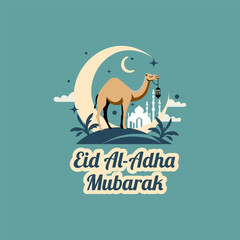 Eid al Adha Mubarak Illustration with Camel, Crescent Moon, Mosque and Lantern on Teal Background