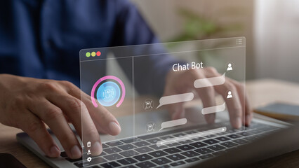 Chat Bot Chat with AI technology or artificial intelligence. People use laptop computers to chat with AI technology.