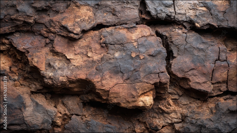 Poster close-up view reveals a textured wood surface with cracks and char marks. dramatic lighting accentua