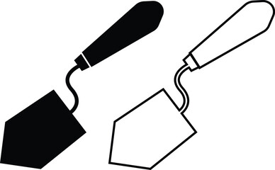 Trowel icons set in black flat and outline designs. Putty knife illustration sign. Spatula symbols or logo. Construction equipment, brick tool and cement silhouette isolated on transparent background.