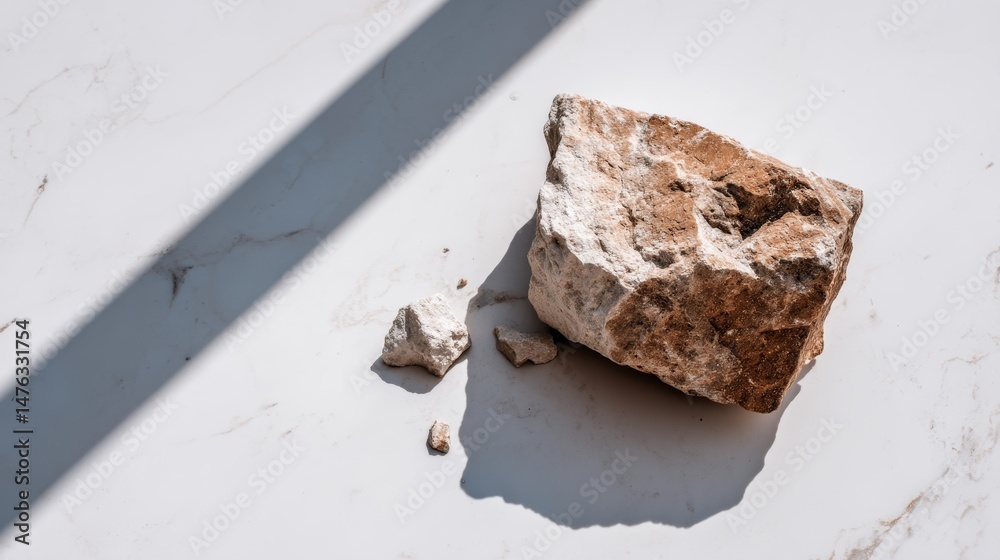 Poster a single rugged rock with natural texture rests on a smooth white marble surface, with subtle shadow
