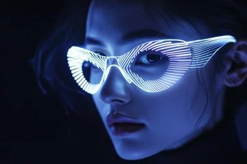 Close-up view of a person wearing futuristic glowing spectacles. © AlparadiseDesign
