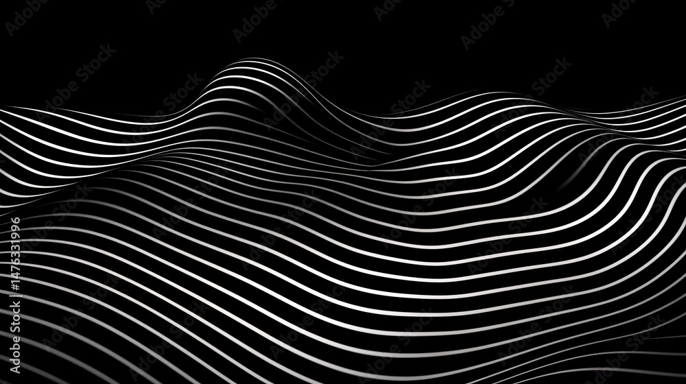 Poster wavy lines, art deco dots, and grid design on a minimalist black background, futuristic high-tech co