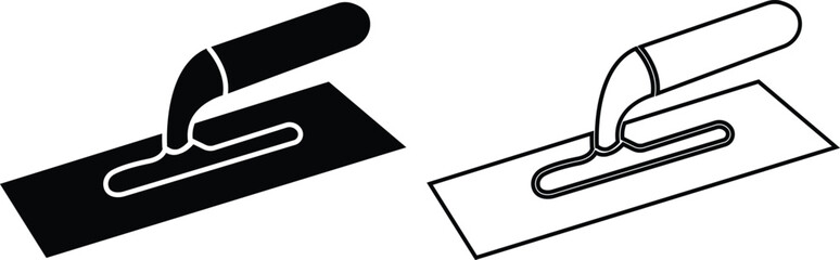 Trowel icons set in black flat and outline designs. Putty knife illustration sign. Spatula symbols or logo. Construction equipment, brick tool and cement silhouette isolated on transparent background.