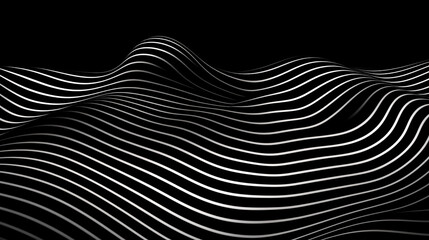 Wavy lines, art deco dots, and grid design on a minimalist black background, futuristic high-tech concept.


