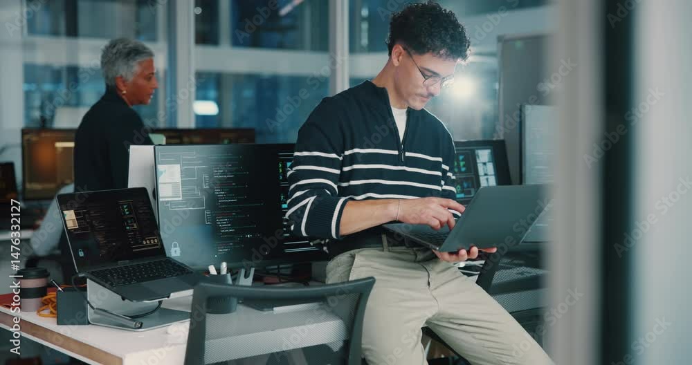 Poster Business people, coding and man with laptop, problem solving and html with software update. Person, programming and employee in workplace, computer screen and tech expert with web design and internet