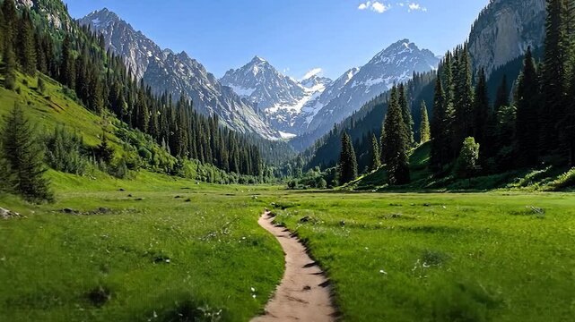 Mountain valley path through grassy meadow.