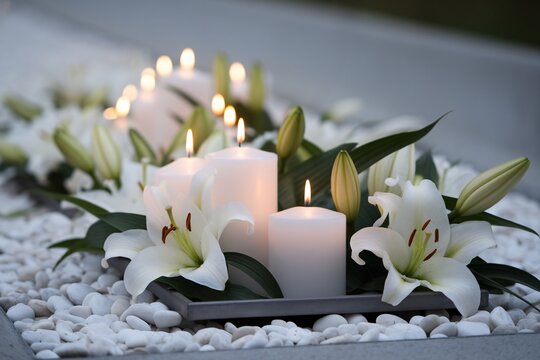 Elegant white lilies with glowing candles arranged on pebbles, creating a serene atmosphere.