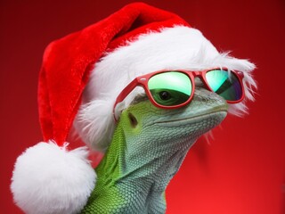 A festive lizard wearing a Santa hat and stylish sunglasses, exuding a playful holiday spirit.