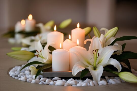 Beautiful arrangement of white lilies and glowing candles for a tranquil ambiance.