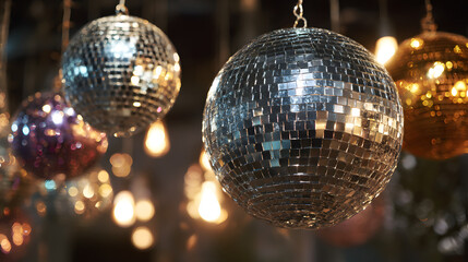 Obraz premium Disco glitter balls sparkle under vibrant lights at energetic dance party celebration 