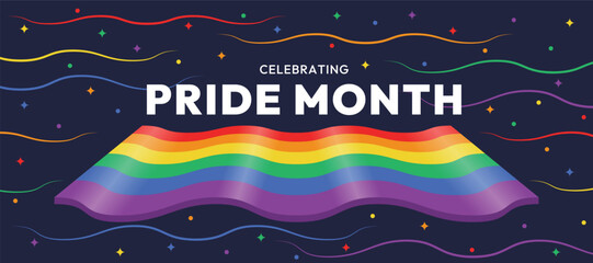 Celebrating pride month text and 3D perspective pride rainbow flag wave on dark background vector design