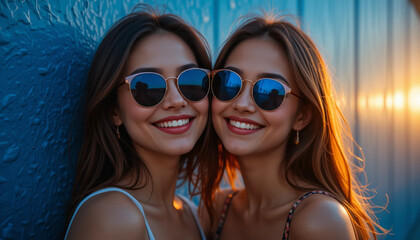 Smiling Young Women Wearing Sunglasses Enjoy Golden Hour Sunlight Together
