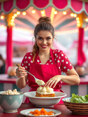 Fairground Flavors: Culinary Artistry Comes to Life as a Woman Cooks Up Tempting Treats, ai generative
