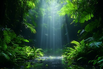 Obraz premium Morning sunlight beaming through beautiful rainforest filled with lush green leaves high resolution image