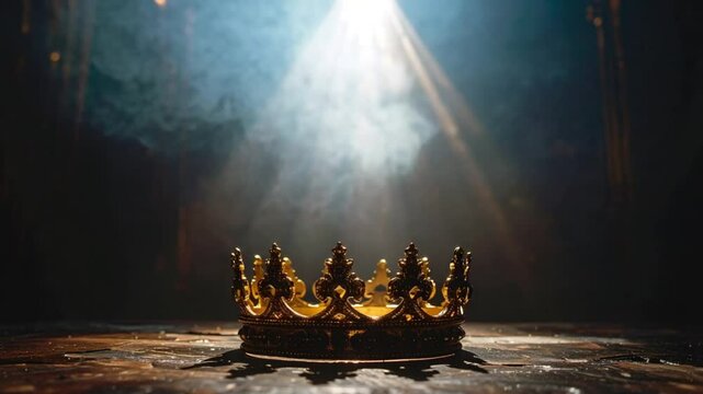 A majestic golden crown placed on an ornate surface, illuminated by dramatic lighting in a dimly lit room