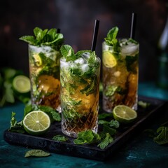 Fototapeta premium Refreshing mojito cocktails with lime and mint served on dark tray in studio shot close up summer drink