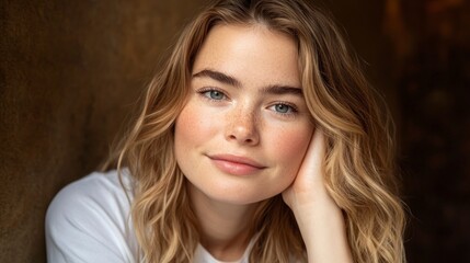 Obraz premium Woman portrait, relaxed pose, warm interior